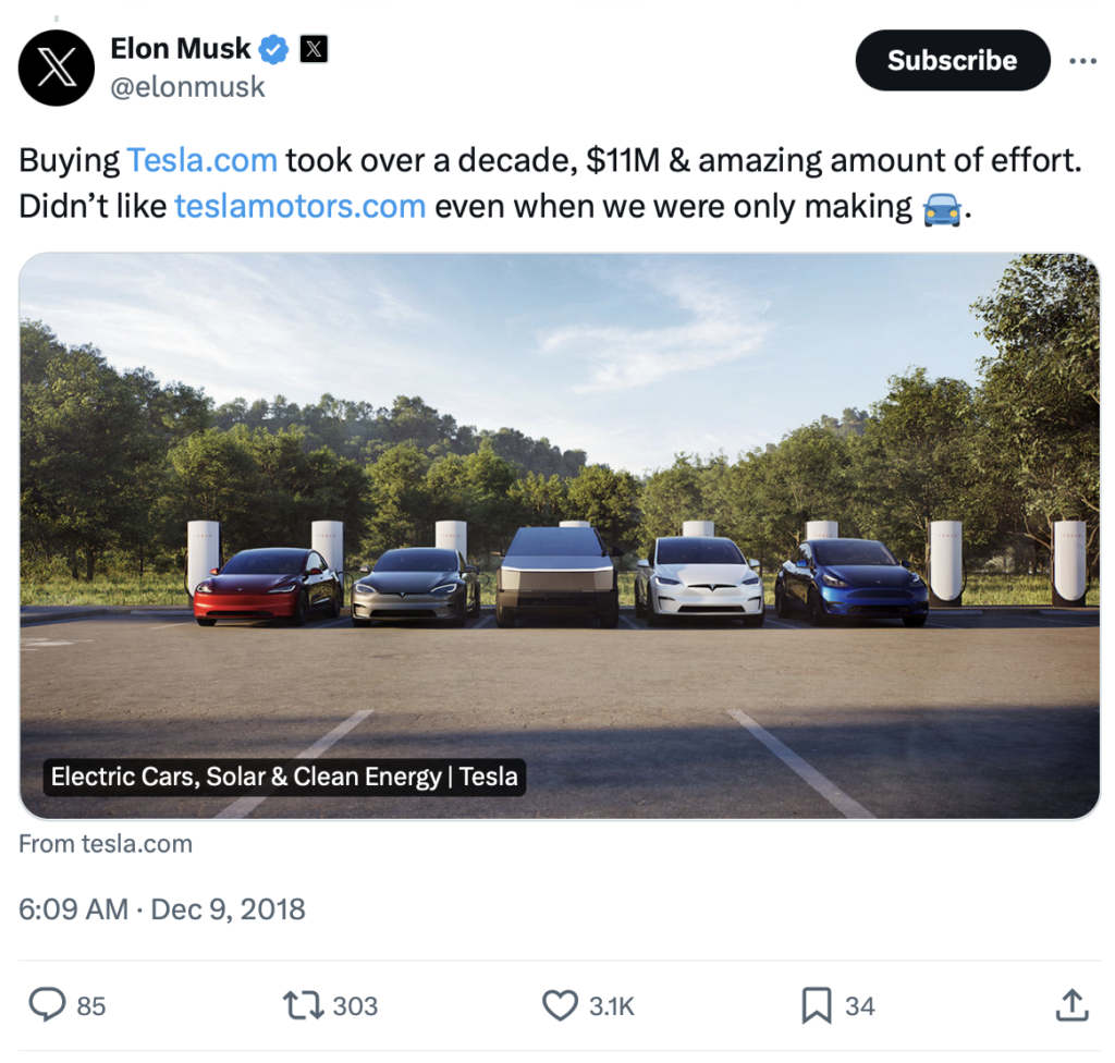 Elon Musk's Tweet about Tesla.com domain name acquisition.